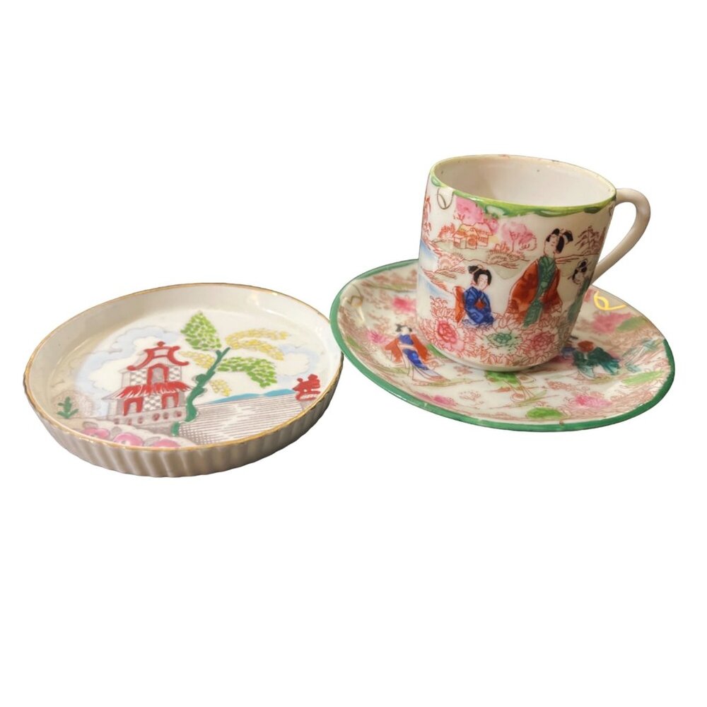 Vintage Japanese Tea Cup Saucer Coaster Hand Painted Porcelain Geisha Design